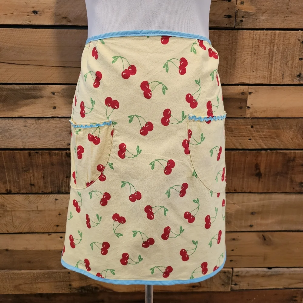 Retro Yellow Cotton Half Apron w/ Cherry Design